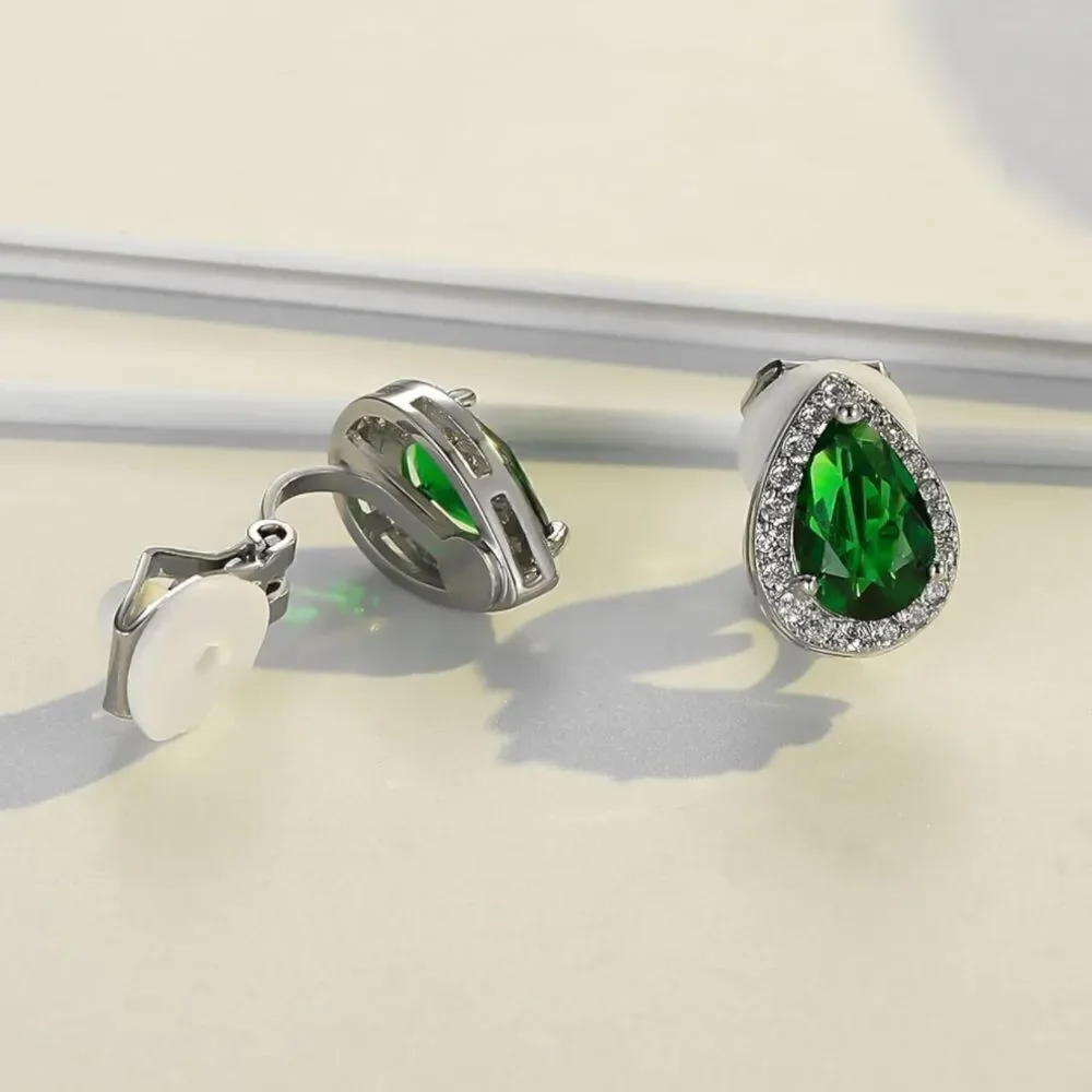 Silver with Emerald and Diamond Cubic Zirconia Teardrop Stud Clip On Earrings